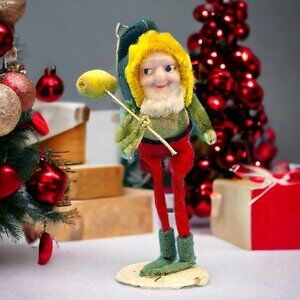 Vintage 1950s Putz Elf w/ Hammer Ornament Spun Cotton Chenille Celluloid Face